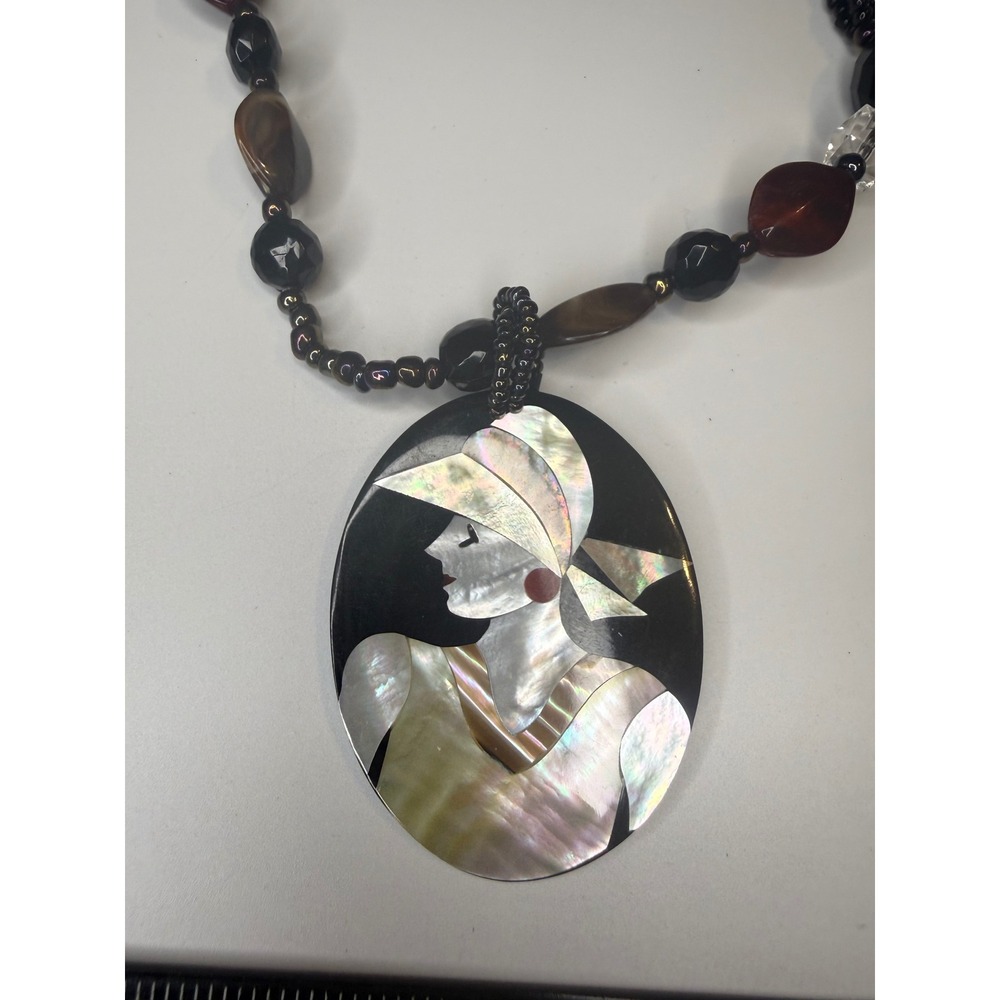 Art Deco Mother of Pearl Inlay Flapper Girl Pendant Beaded Statement Necklace